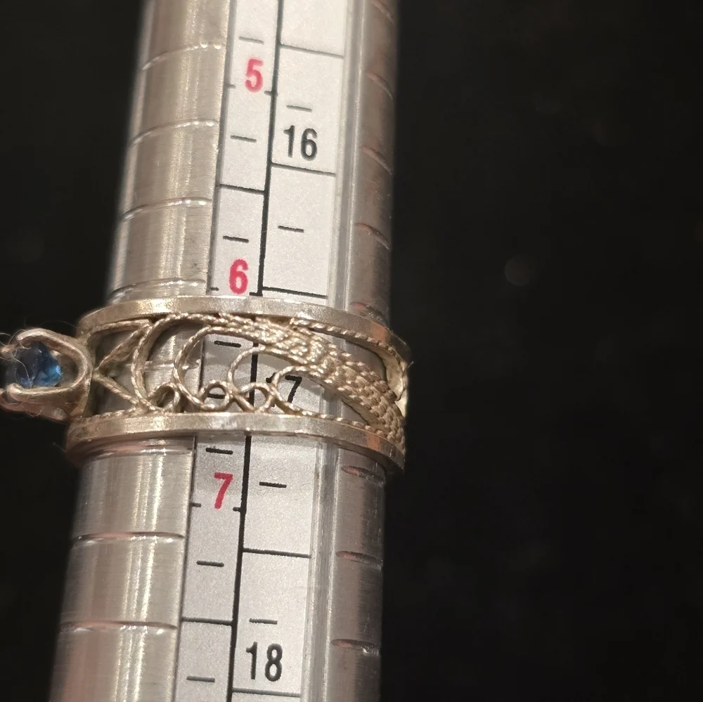 Blue Topaz And Sterling Silver Filigree Ring Size 6.75